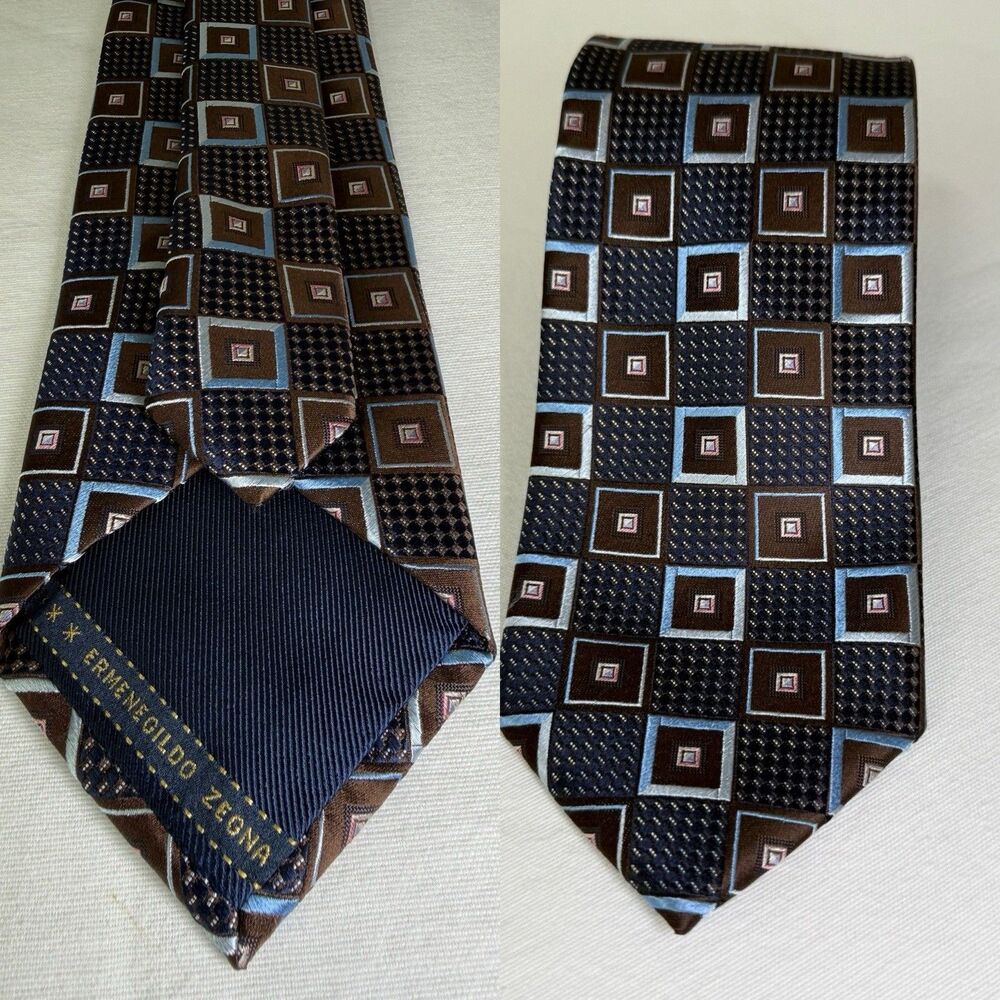 ERMENEGILDO ZEGNA Silk Necktie ITALY Luxury XXX Geometric Squares Textured Motif